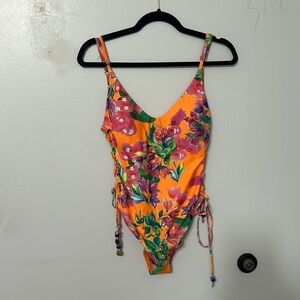 Matthew Williamson orange tropical one piece suite with ruching side ties sz 12